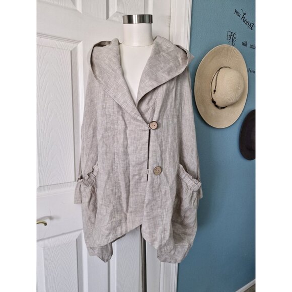Yuvita Large 100% Linen Lagenlook Tunic Beige/Natural Hoodie Pockets Sz M/Lg - Picture 3 of 10